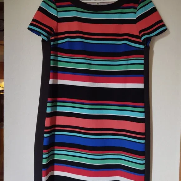 LONDON STYLE COLLECTIONS BLACK BACK FRONT STRIPED PETITE SIZE 14 KNIT STYLE DRES - Picture 7 of 7